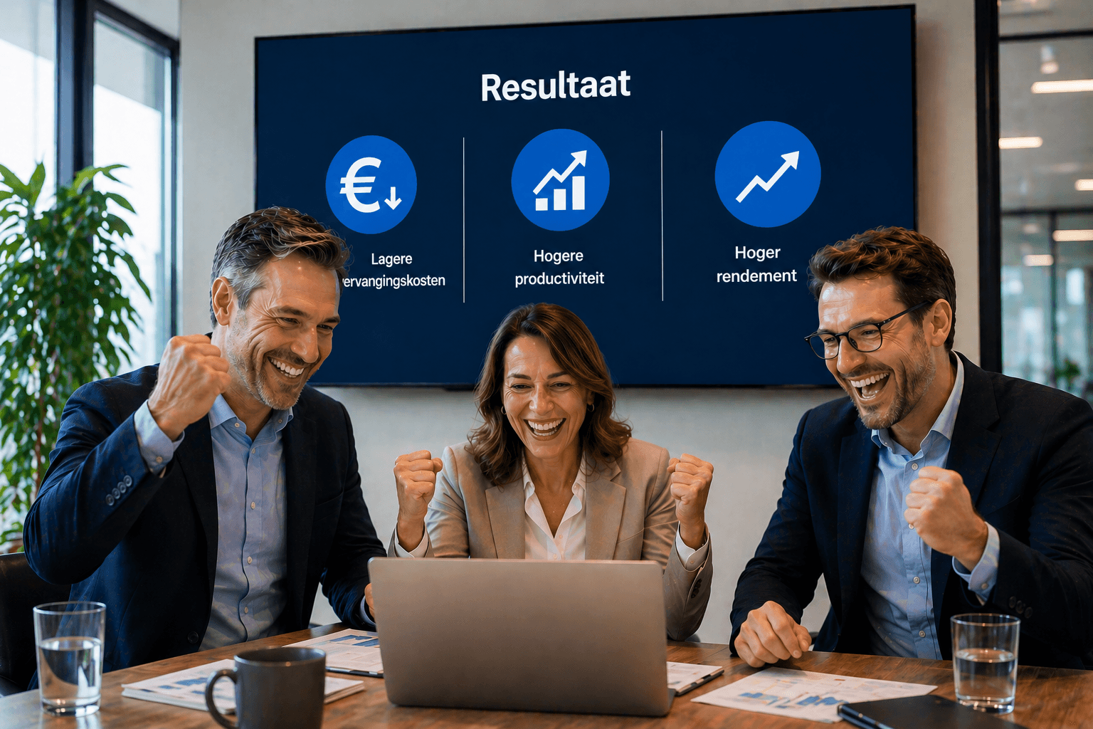 Drie collega's juichend bij een resultaat-dashboard