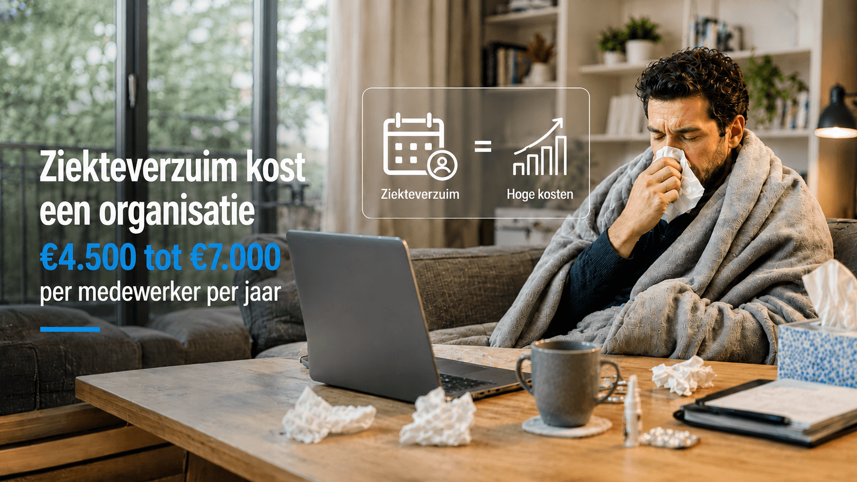 Zieke medewerker thuis met laptop en kosten-indicatie